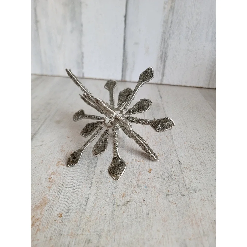 Vintage large beaded silver snowflake ornament Xmas unique 3D home decor